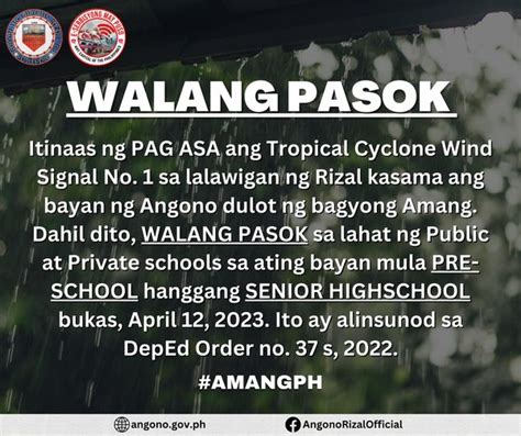 Classes suspended in Rizal except Antipolo City due to TD Amang.